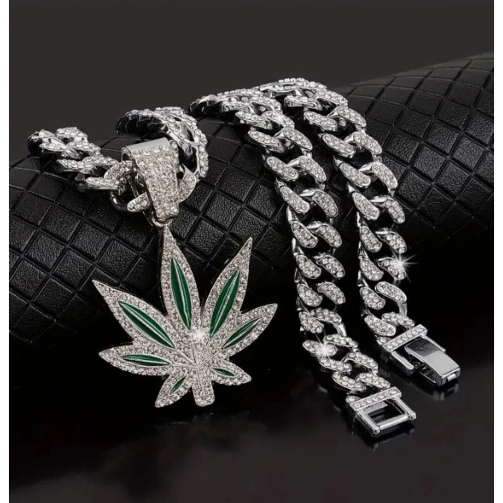 Men's MJ Green Plant Bling Hip Hop Iced Necklace
